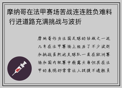 摩纳哥在法甲赛场苦战连连胜负难料 行进道路充满挑战与波折