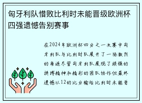 匈牙利队惜败比利时未能晋级欧洲杯四强遗憾告别赛事