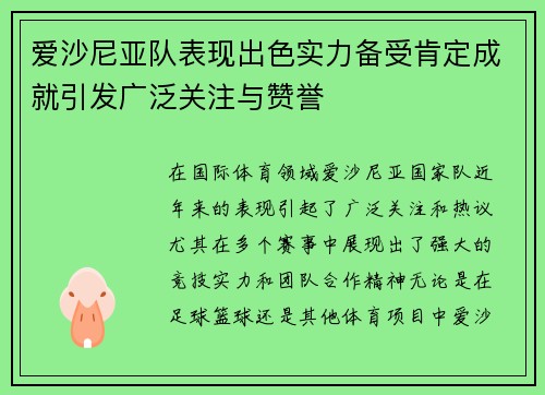 爱沙尼亚队表现出色实力备受肯定成就引发广泛关注与赞誉