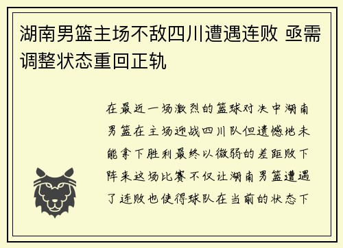 湖南男篮主场不敌四川遭遇连败 亟需调整状态重回正轨