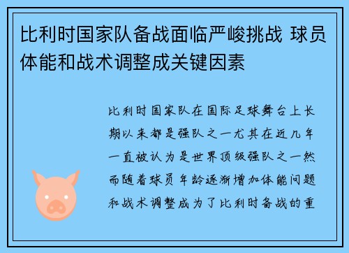 比利时国家队备战面临严峻挑战 球员体能和战术调整成关键因素