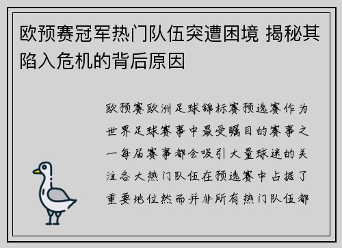 欧预赛冠军热门队伍突遭困境 揭秘其陷入危机的背后原因