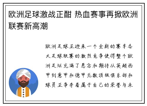 欧洲足球激战正酣 热血赛事再掀欧洲联赛新高潮