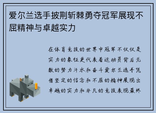 爱尔兰选手披荆斩棘勇夺冠军展现不屈精神与卓越实力