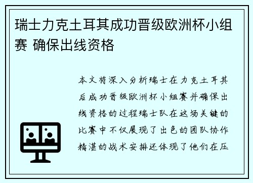瑞士力克土耳其成功晋级欧洲杯小组赛 确保出线资格