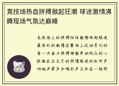 竞技场热血拼搏掀起狂潮 球迷激情沸腾现场气氛达巅峰
