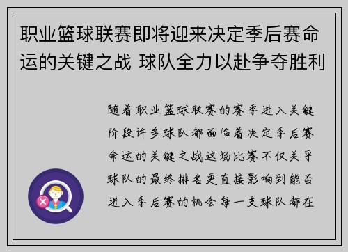 职业篮球联赛即将迎来决定季后赛命运的关键之战 球队全力以赴争夺胜利