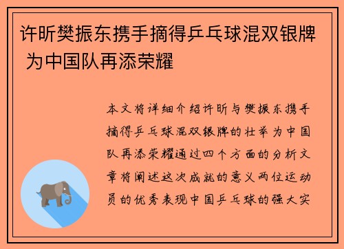许昕樊振东携手摘得乒乓球混双银牌 为中国队再添荣耀