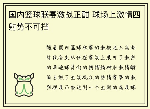 国内篮球联赛激战正酣 球场上激情四射势不可挡