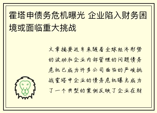 霍塔申债务危机曝光 企业陷入财务困境或面临重大挑战